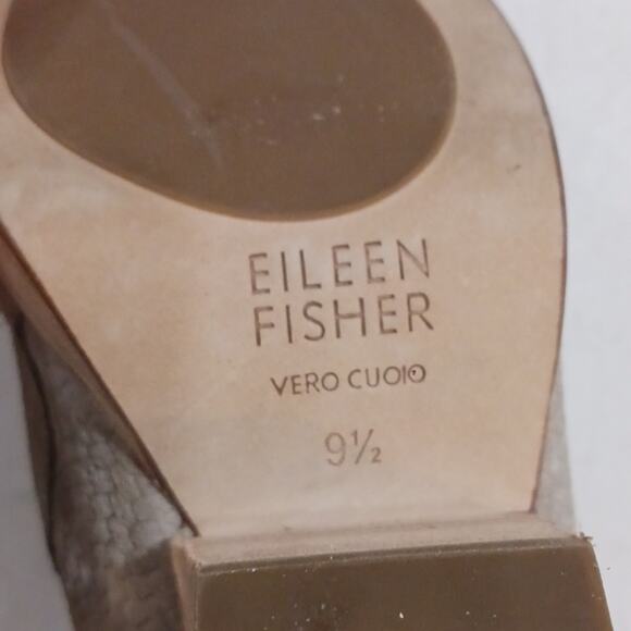 Eileen Fisher Taupe Thatched Suede Wood Stacked Statement heel size 9.5 - Picture 9 of 12
